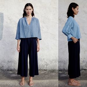 Esby High Waisted Linen Cotton Canvas Wide Leg Navy Blue Pants